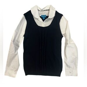 Private school Casual Black Sweater Vest with White collar long Sleeve